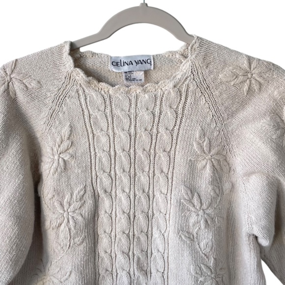 CELINA YANG fisherman knit sweater with lace cuff details & stitched floral Sz S - Picture 3 of 13